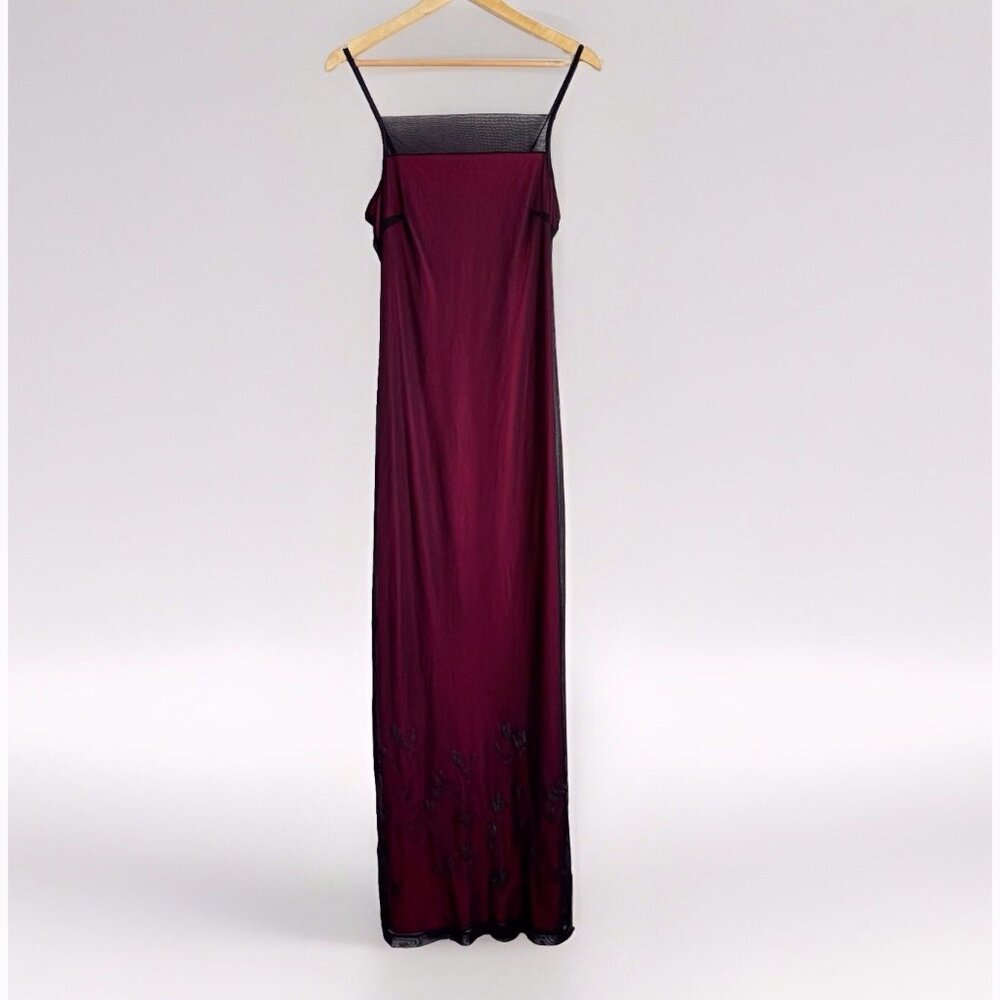 Mixit Burgundy Sheer Floral Mesh Maxi Slip Dress Women’s 8 TALL Vamp Gothic VTG